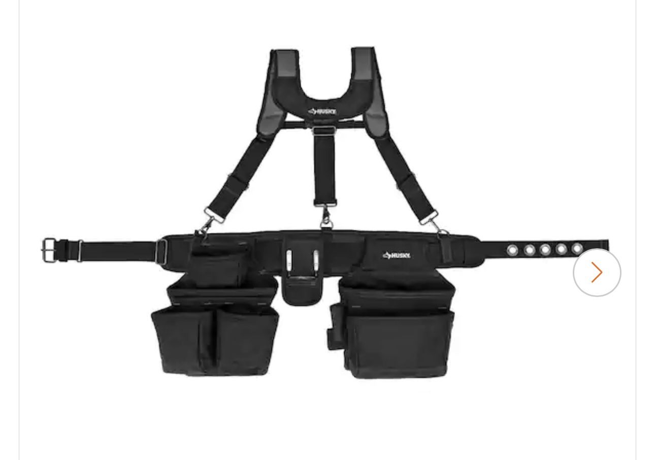 Husky 16-Pocket Black Carpenter's Tool Belt with Suspenders