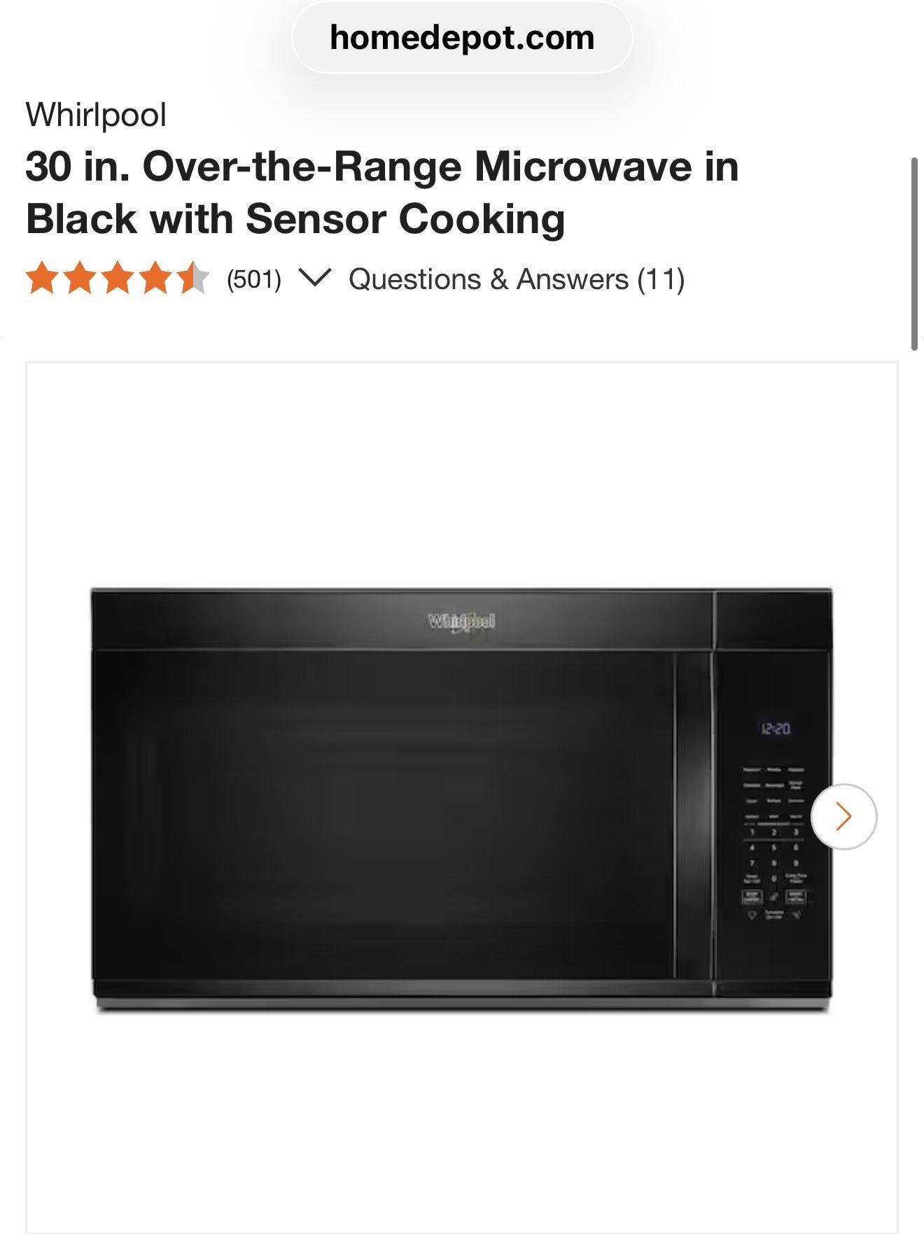 NEW Whirlpool 30” Over-the-Range Microwave – Black – Sealed Box