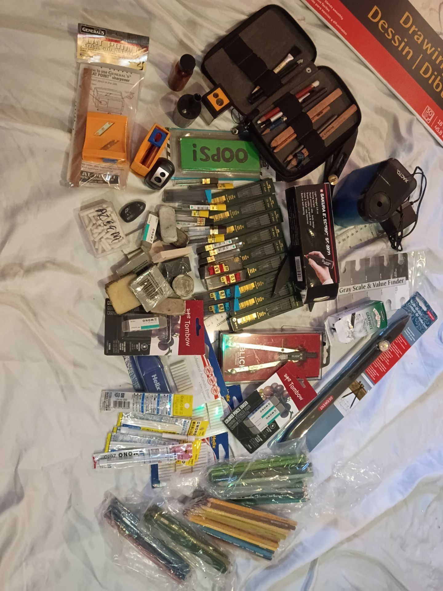 Huge Artist Accessories Lot – Erasers, Lead Refills, Sharpeners, Compass, Tools & More