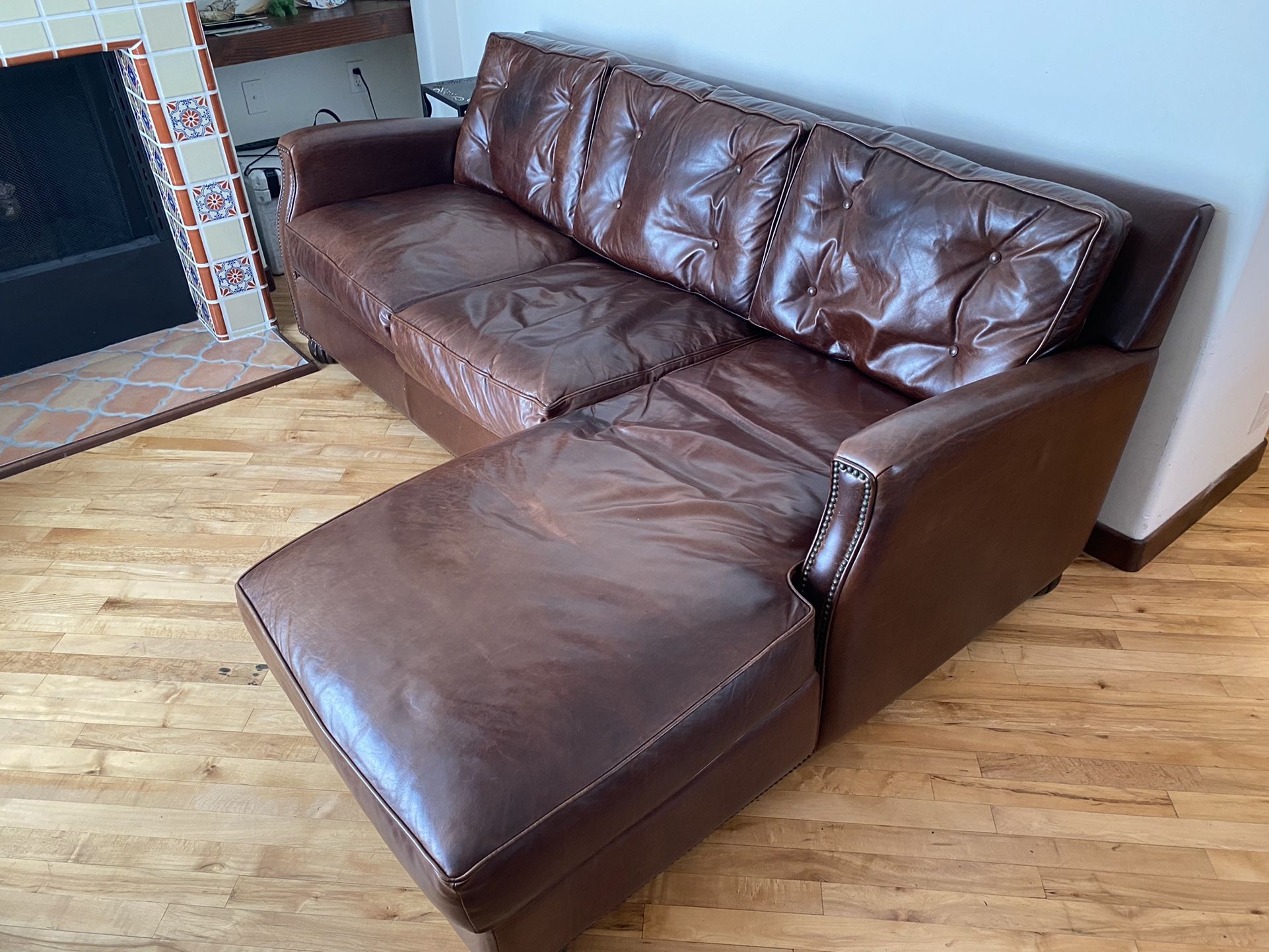 83.5” Custon Leather Couch With Right Hand Chaise Lounge