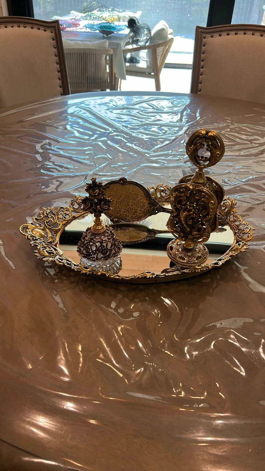 Vintage Intricate Laid Ormolu Set, Including Vanity Mirror Brush Stand With Perfume Bottle An Inside Perfume Bottle