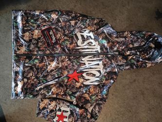 Camo Full-Zip Hoodie with Red Star Graphic