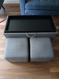 Ottoman Storage Bench with 2 Side Ottomans Gray