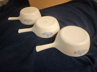 3 Vintage Pyrex Blue Cornflower "Menu-ette" skillet saucepans