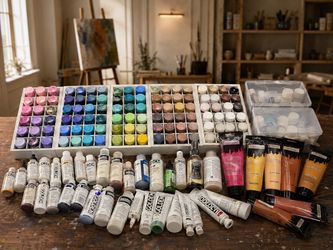 HUGE Lot of  Artist Acrylic Paint Lot – Golden, Liquitex, Art District + Organizers