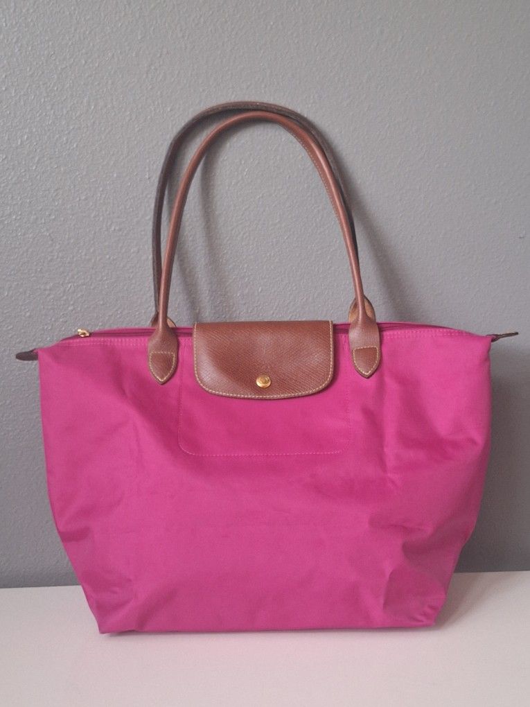 Longchamp Large Le Pliage Fuchsia Tote with Leather Handles