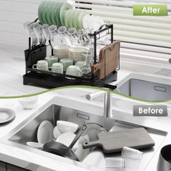 Dish Drying Rack, Dish Rack 2 Tiers for Kitchen Counter, Space-Saving Large Dish Rack with Drain Kitchen Organizer and Storage Rack with Drainboard, S