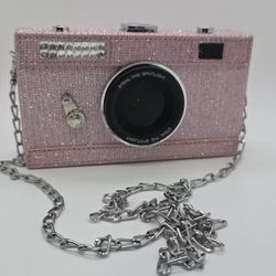 Pink Glitter Camera-Shaped Clutch Bag