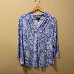 Women’s XXL JM Collection Blue White Floral Printed Vneck 3/4 Sleeve Blouse