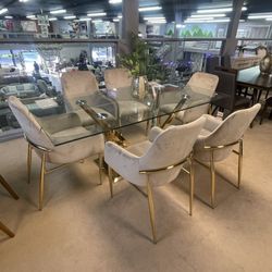 Barnard Clear Glass Top & Mirrored Gold Dining Room Set / 7pc