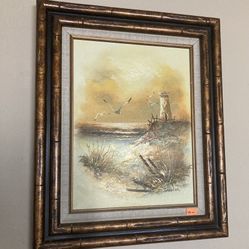 Oil Painting Wall Art $10 Landscape Seascape Yellow Lighthouse Seagulls Birds Seashore 