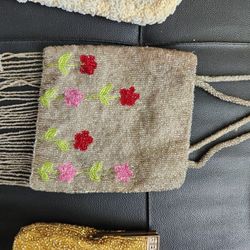 Vintage Fringe Beaded Floral White Purse 