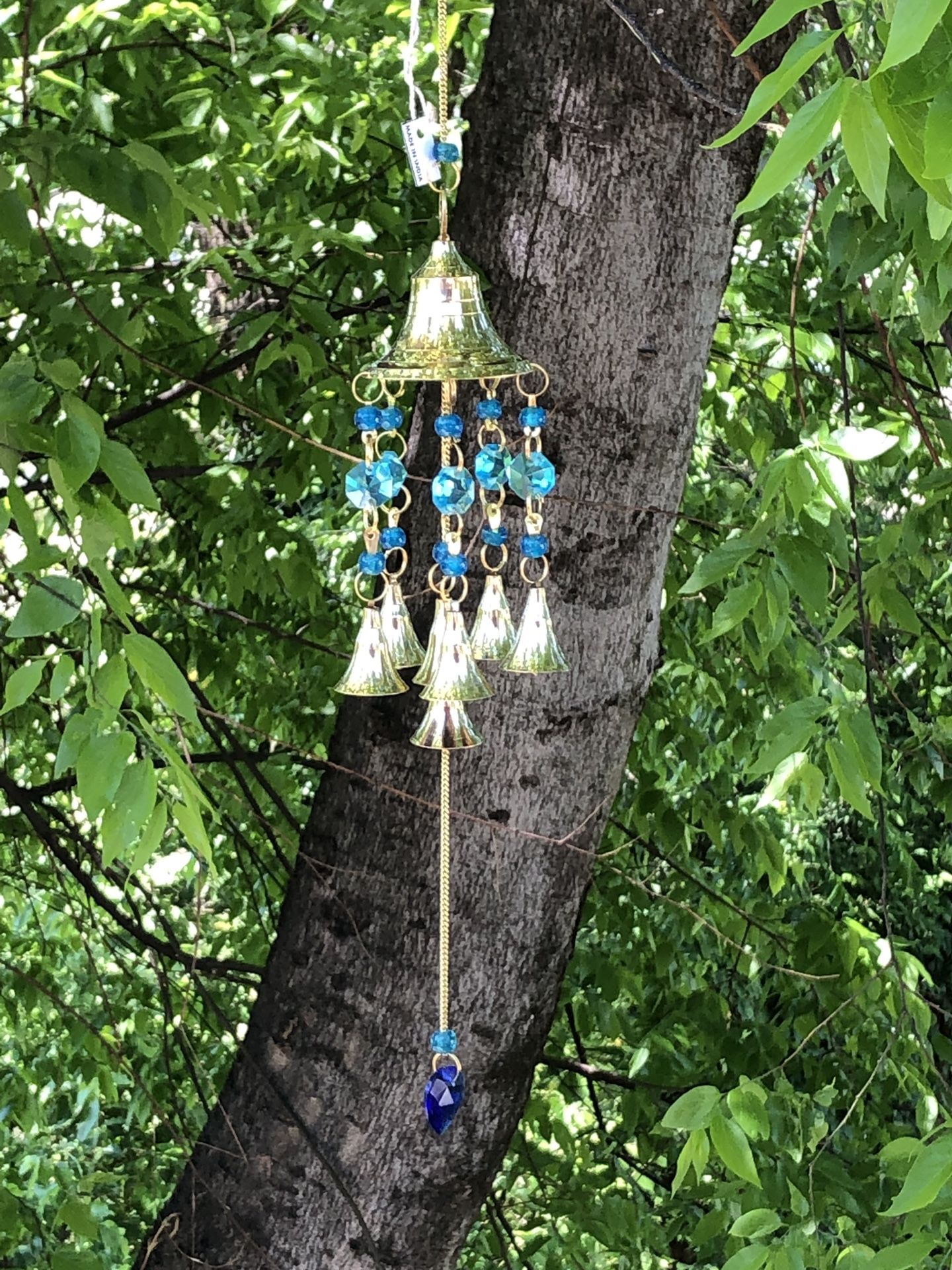 Chakra Colored Translucent Clear Blue Beads & Brass Bells Wind Chime Sun Catcher Mobile