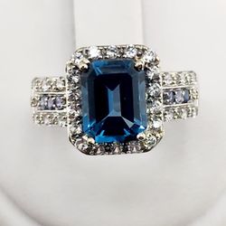 14k gold london blue topaz, diamond, and sapphire ring