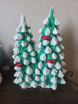 vintage Department 56 Snow Village Ceramic Double Snow Covered Trees