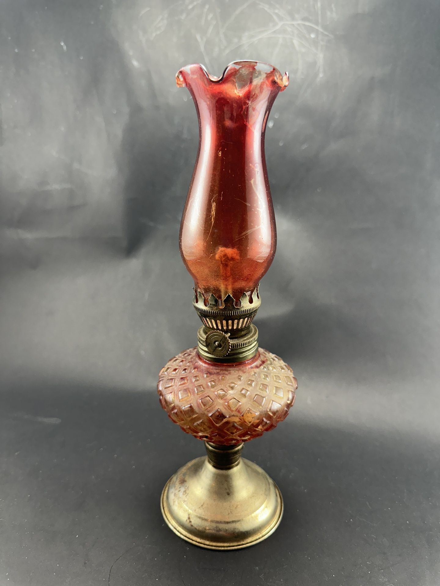 Vintage Red Glass & Metal Small Oil Lamp