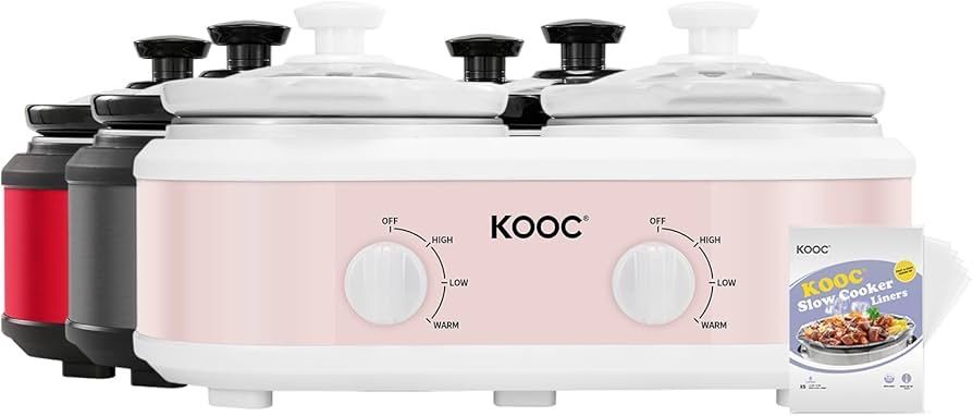 KOOC Double Small Slow Cooker, Buffet Server and Warmer, 2 Mini Pots with 3 Individual Adjustable Temp, Dual Ceramic Pots, Free Liners for Easy Clean-