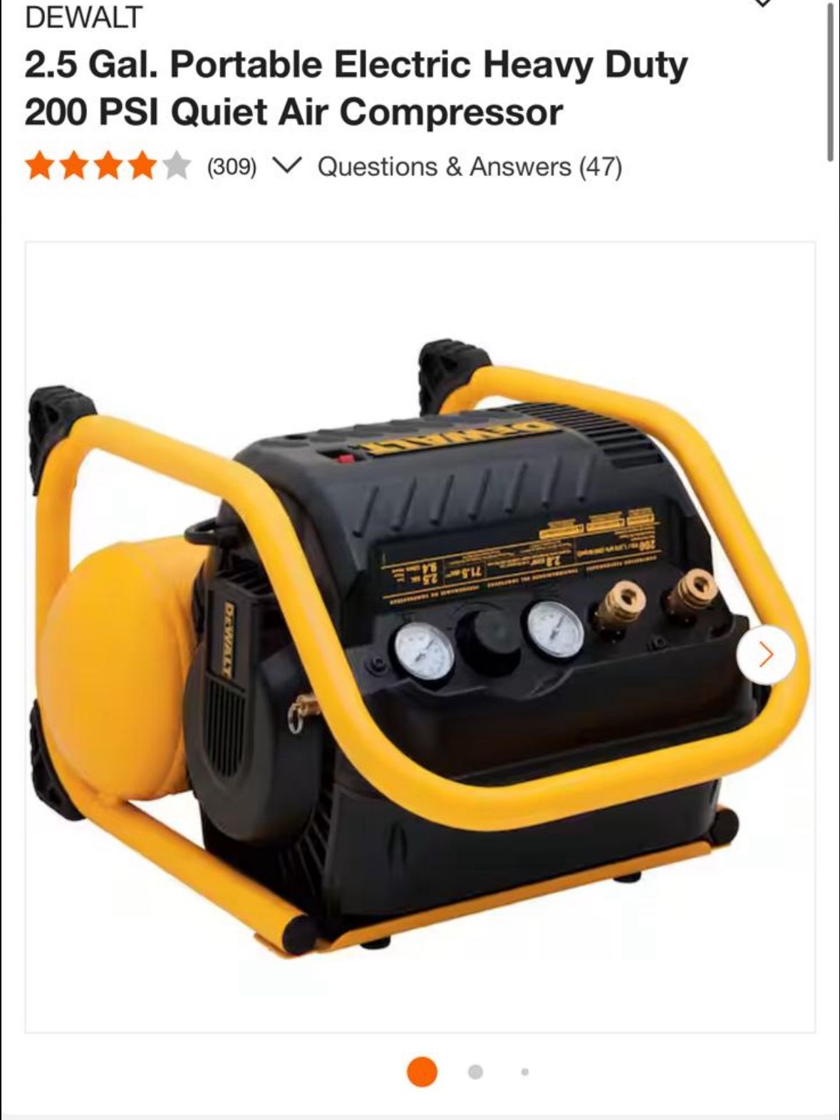 Dewalt 2.5 Gal. Portable Electric Heavy Duty 200 PSI Quiet Air Compressor