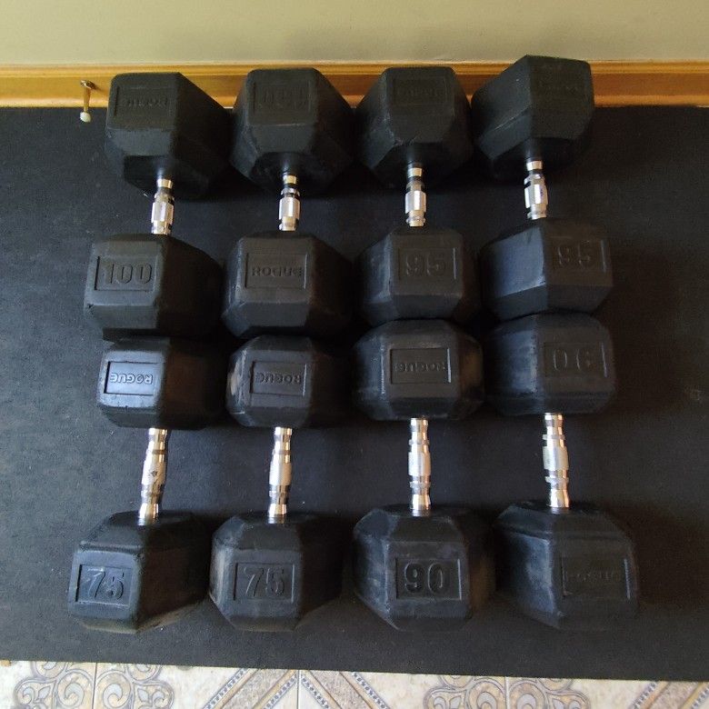 Rogue Fitness 75lb, 90lb, 95lb And 100lb Rubber Hex Dumbbells--