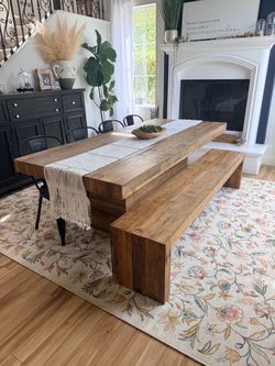 Rustic Reclaimed Wood Dining Table and Bench Set