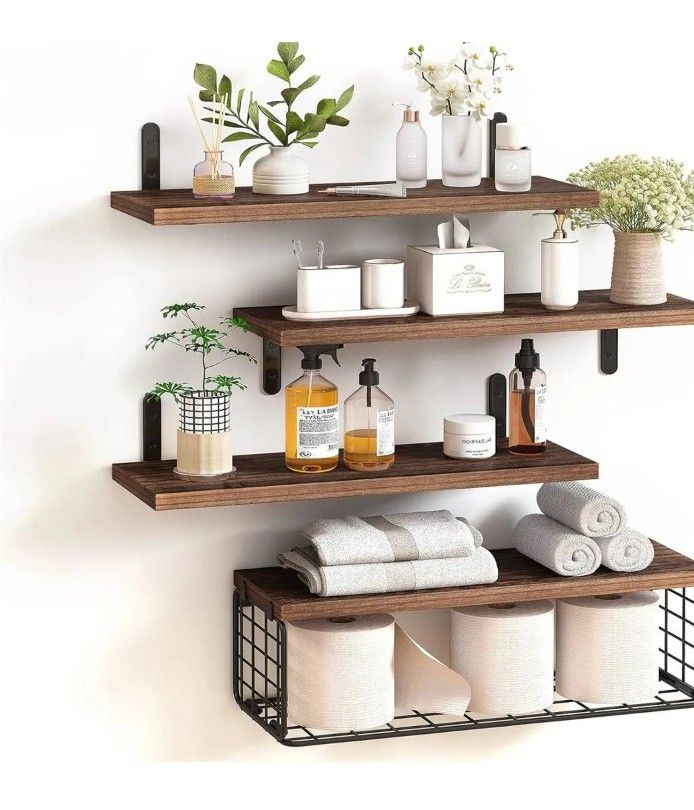 Set Of 4 Floating Wall Shelves With Bin