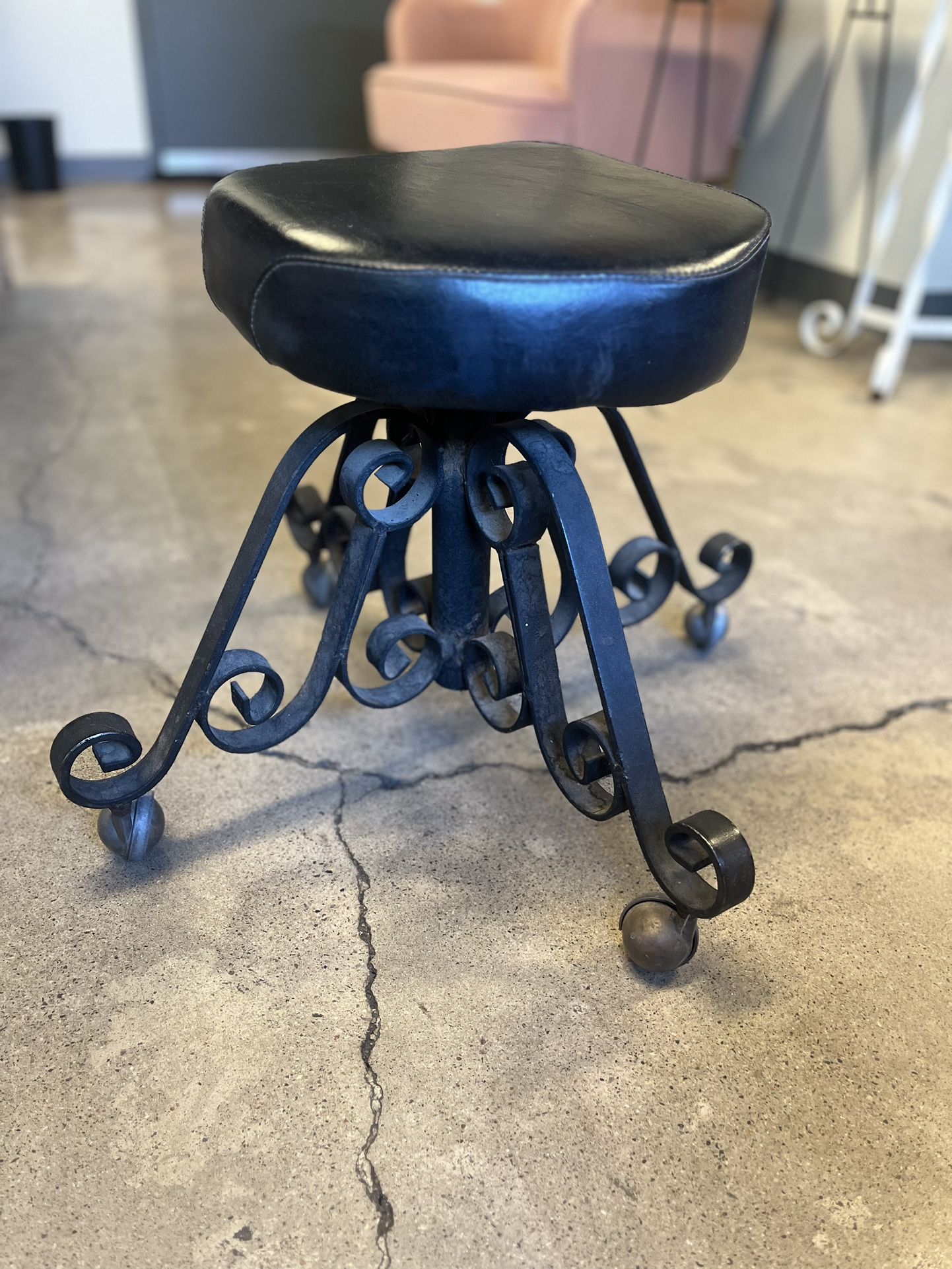 Beautiful Vintage Wrought Iron Rolling Stool