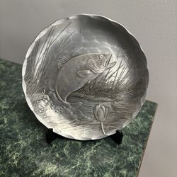 Wendell August Forge Pewter Bass Fish Plate Dragonfly Lotus Flower Handmade Metalware Art Rare