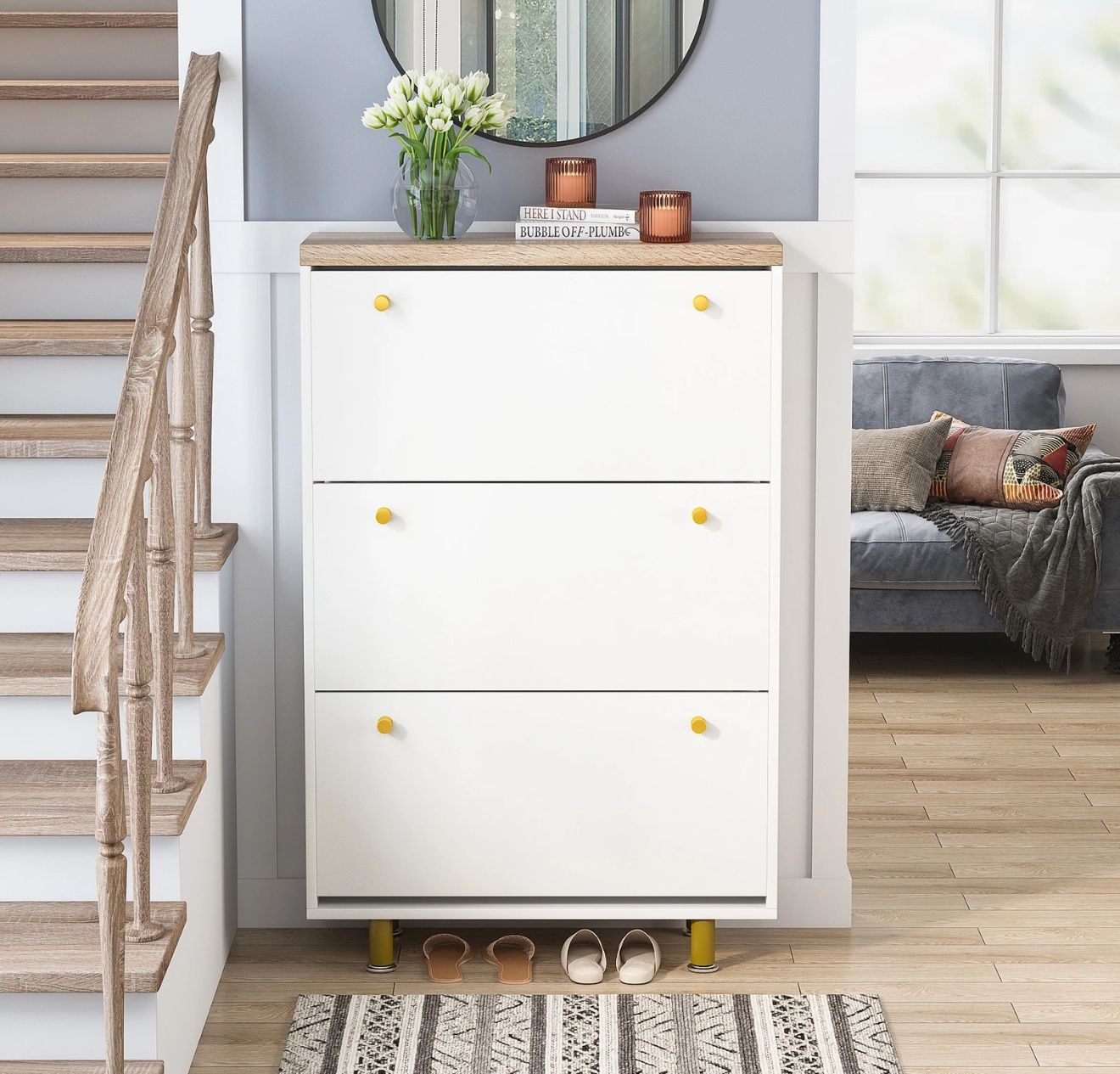 3 Drawer Shoe Cabinet, Freestanding Shoe Rack Storage Organizer with Flip Door, Modern Tipping Bucket Shoe Cabinet for Entryway, Hallway, Bedroom, Sma