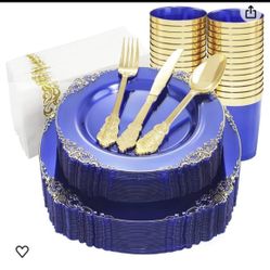 Clear Blue Gold Plastic Plates Set served for 25 guests