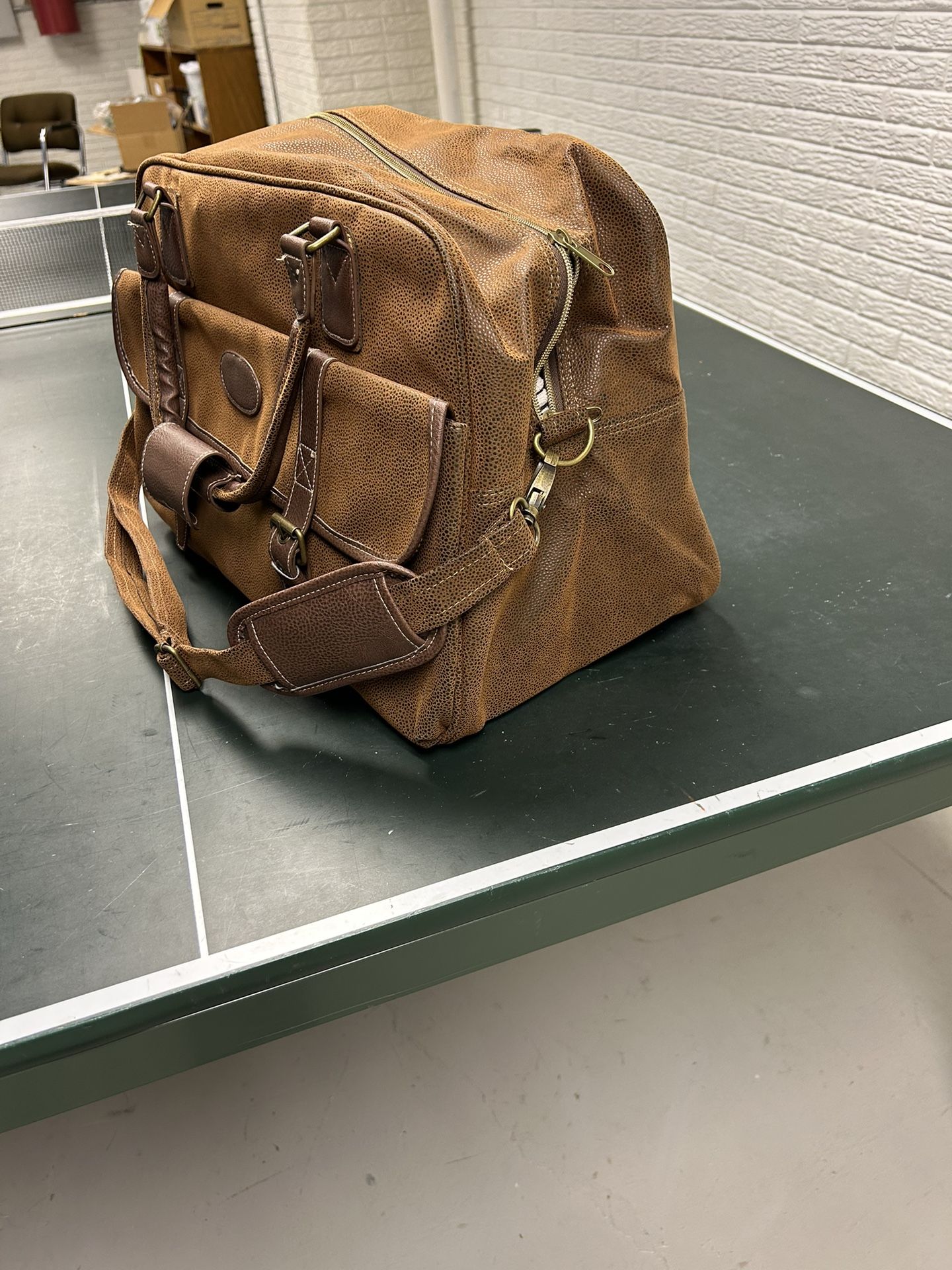 Tote Bag, Faux Leather, Light Brown Color, 12” High x 20” Wide, Expands To 8”