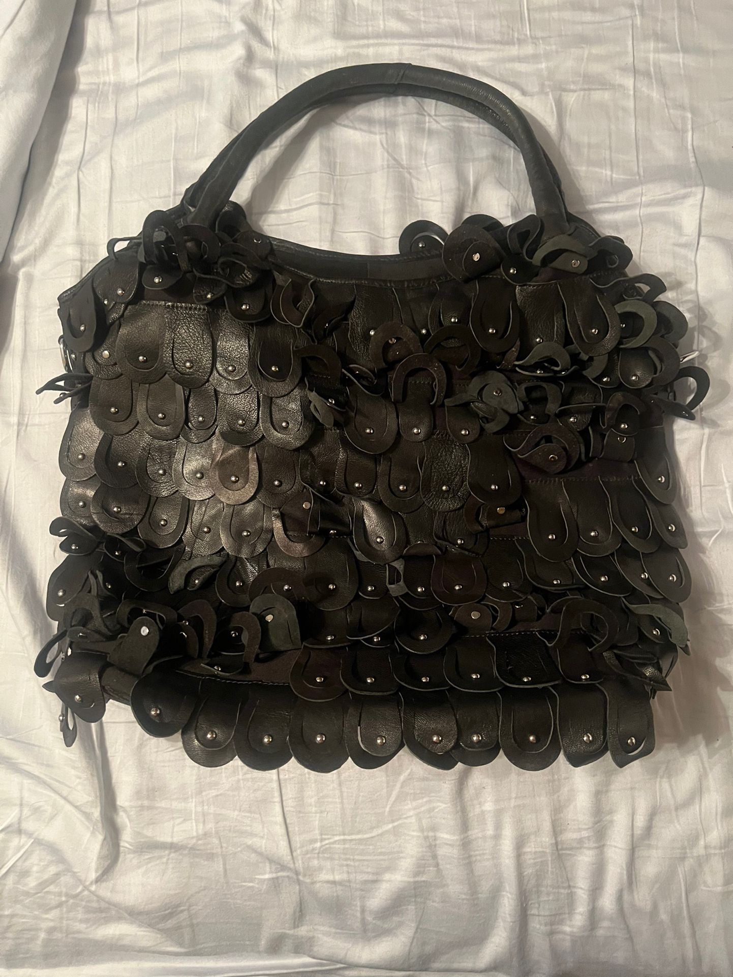 Ameri Leather Black leather tote, circular silver studded circular fringes