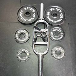 OLYMPIC  TRICEP BAR AND WEIGHTS 