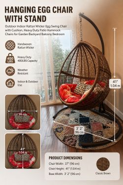 Hanging Egg Chair with Stand – Indoor/Outdoor Rattan Wicker Swing Chair with Cushion | 400 lb Capacity | Classic Brown