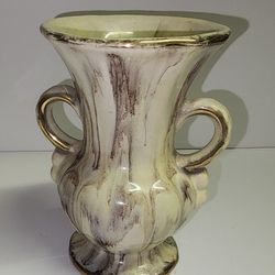 Vintage German Ceramic Vase with Double Handles & Gilt Trim