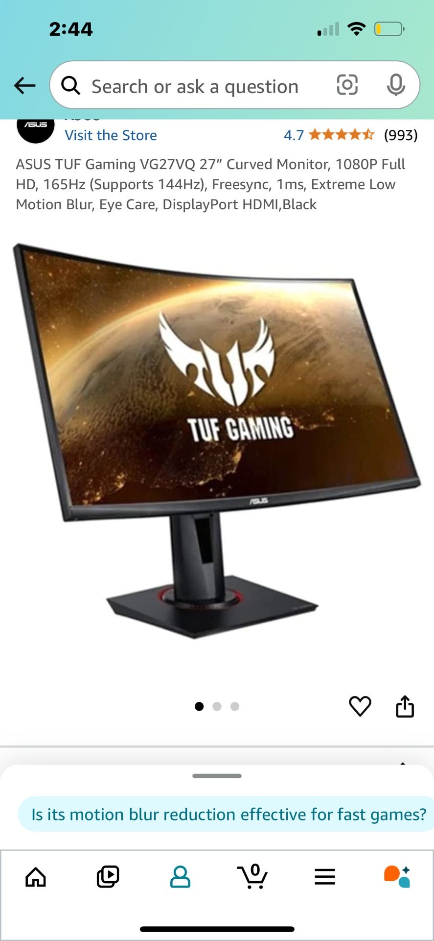 27 Inch Curved Asus Monitor 1080p 144hz