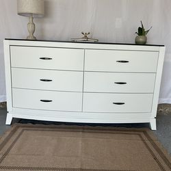 Modern White Dresser w/ Black Top – Solid Wood – Refinished