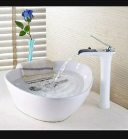 White Ceramic Vessel Sink and Tall Faucet Set