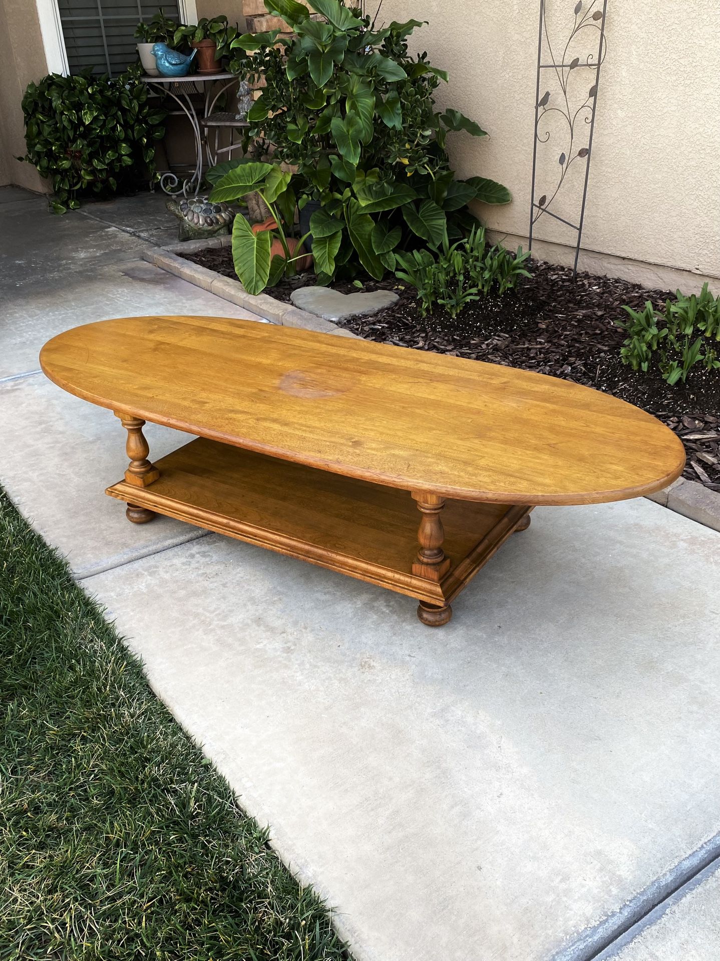 VINTAGE SOLID WOOD SURFBOARD COFFEE TABLE (CIRCA 60’S/70’S) 60”L X 23”W X 14”H
