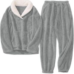 Women's Flannel Pajamas Fleece Oversized Pullover Fuzzy Pajama Sets Cozy Pants Sets Fluffy Loungewear