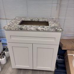 30 in. W x 21 in. D x 32.5 in. H 2-Doors Bath Vanity Cabinet $150 —Countertop  w backsplash  $70 -Sink  $35- Fouset  not  included  