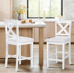 Set of 2,White/Height Bar Stools with Classical X-Shaped Back, Solid Barstools with Rubber Wood Frames and Faux Leather Seat