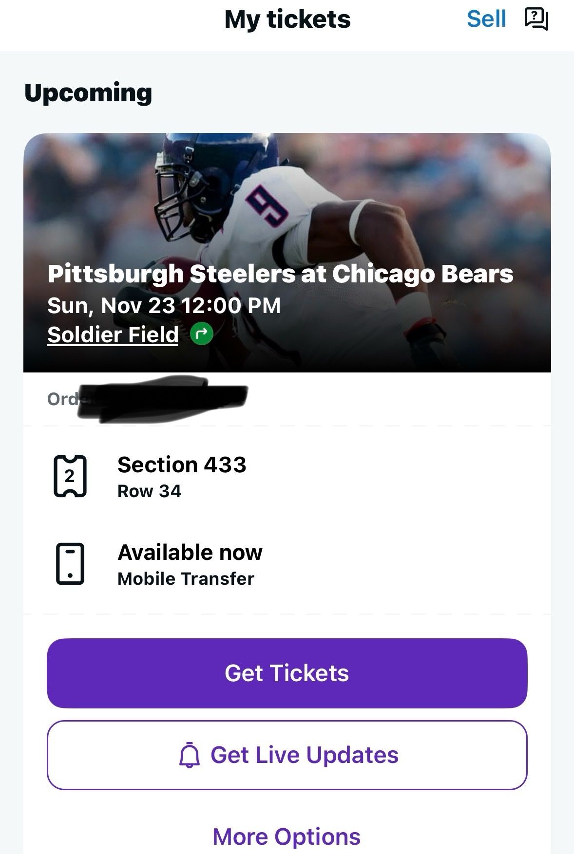 2 Tickets To Chicago Bears VS Pittsburgh Steelers Game  