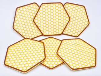 Honeycomb Hexagon Coaster Set of 6 with Matching Holder – Modern Geometric Drink Coasters – Yellow, White & Brown