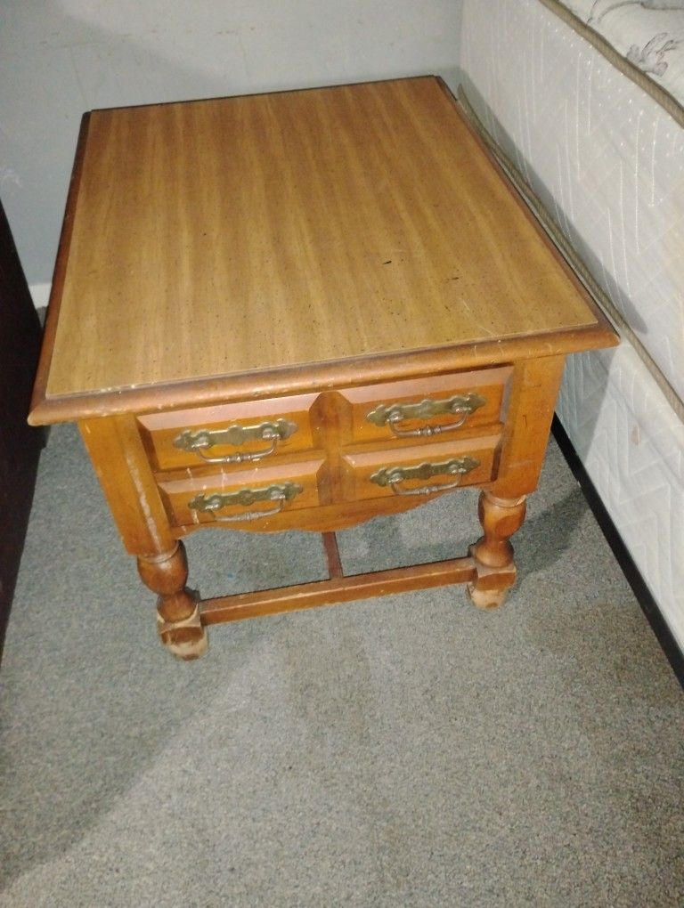Pair of Vintage Broyhill "Lenoir House" End Tables – Solid Wood with Brass Handles