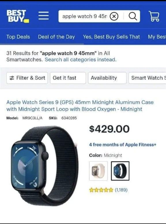 Apple Watch Series 9 (GPS) 45mm Midnight Aluminum Case with Midnight Sport Loop with Blood Oxygen