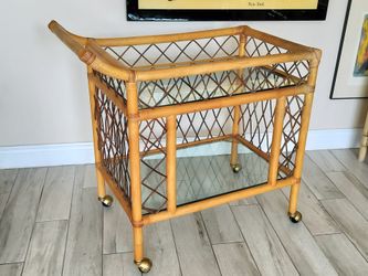 Vintage Boho-Chic Rattan Lattice Oversized Bar Cart, Server, Trolley