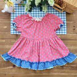 SIZE 6 GIRLS MATILDA JANE DARK CORAL & CORNFLOWER BLUE APPLE PRINT POLKA-DOT TRIM BABYDOLL STRETCHY KNIT TOP