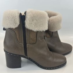 Napoleoni Italy Shearling Leather Ankle Boots Size 38 Taupe Fold Over Heeled