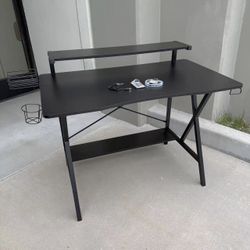 New In Box 42x24x35 Inch Tall Gaming Desk Game Gamer Black Table With Monitor Shelf Stand Tier And LED USB Plug-in Strip Light