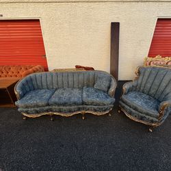 🩵STUNNING Vintage French Provincial Sofa & Bergère Chair Set - Blue Silk Damask 🪑